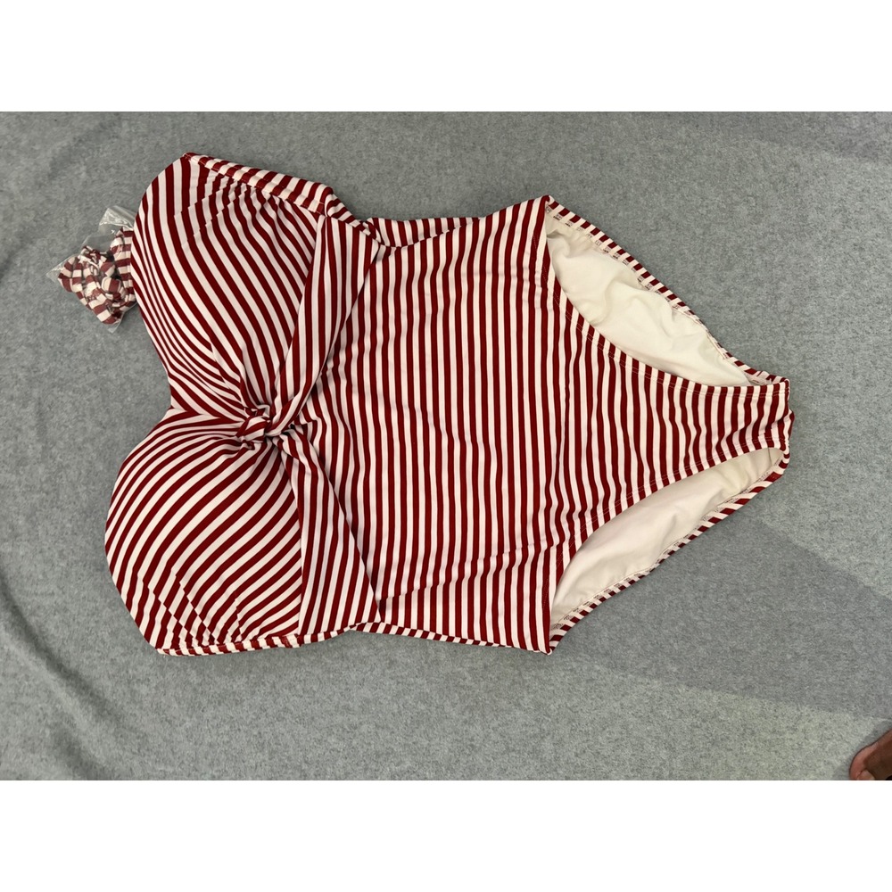 Kona Sol Red White Striped Twist Front Bandeau One Piece Swimsuit Large NWT